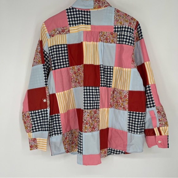 Lands' End Red Pink Casual Button Down Shirt Patchwork Poplin Boyfriend Quilt - Picture 6 of 10